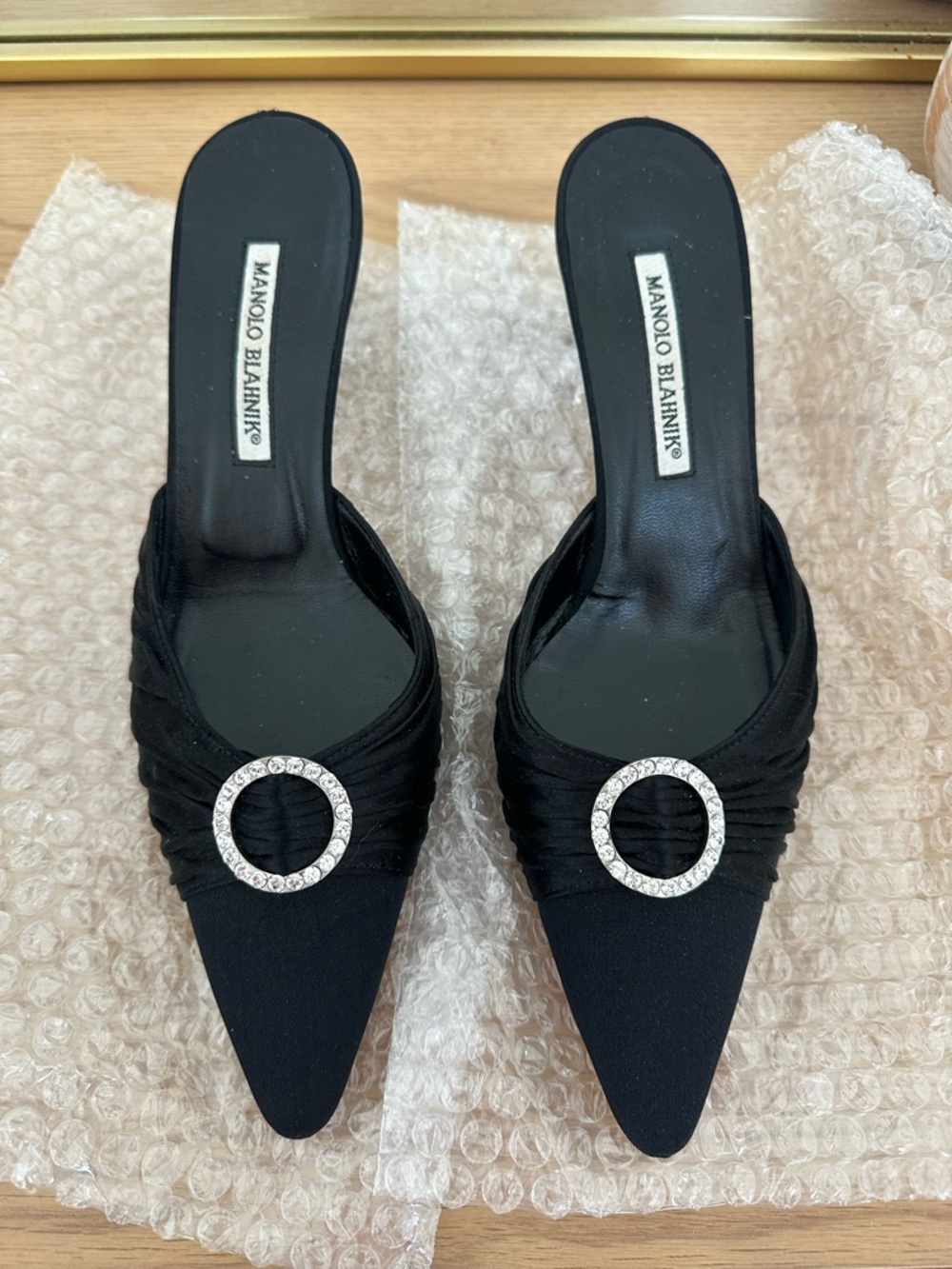 Manolo Blahnik Black Satin Pointed Toe Mule with Crystal Round Buckle